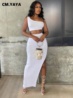 China Cm breathable. YAYA Knitted Women High Side Split Long Maxi Midi Bodycon Skirt and One Shoulder Crop Top Matching Two 2 Piece Set Outfits for sale