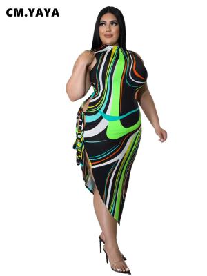 China Cm breathable. YAYA Plus Size Women Dye Backing Striped Neck Sleeveless Tie Up Side Irregular Bodycon Midi Maxi Long Dress For Summer 2022 for sale