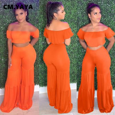 China Cm breathable. YAYA Elegant Summer Women Two Piece Set Solid Off Shoulder Crop Top And Wide Leg Flare Pants Casual Matching Set Tracksuit for sale