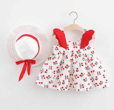 China 2021 Summer New Design Wings Breathable Little Baby Dress 2pcs Drees + Straw Hat Sleeveless Baby Girl Cherry Dress for sale