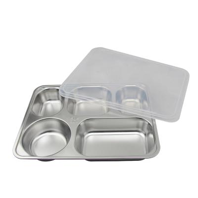 China Sustainable High Quality Stainless Steel Food Tray With Cover 5 Compartment Tray Food Tray With Lid for sale