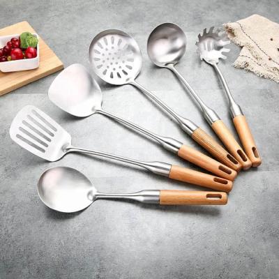 China Different Kitchenware Set High Quality Sustainable Kitchen Utensils Stainless Steel With Wooden Handle for sale