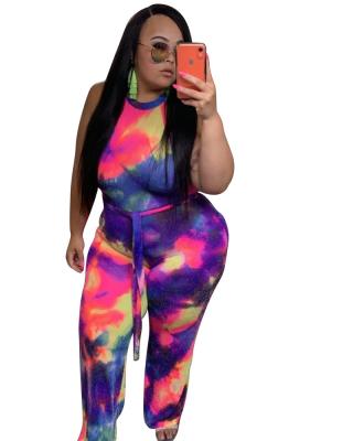 China Wholesale dropshipping breathable sexy tie dyed halter sleeveless plus size one piece jumpsuit women for sale