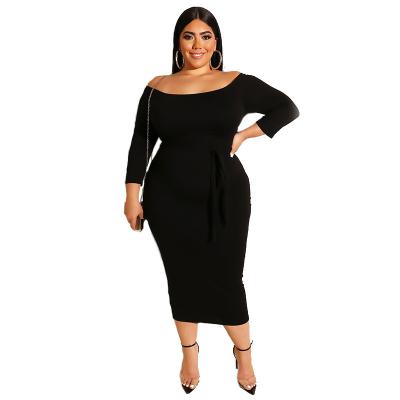 China Wholesale Dropshipping Breathable Boat Neck Plain Dyed Formal Office Dresses Women Lady Plus Size Dress for sale