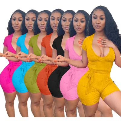 China QUICK DRY S-3XL 2021 Women Summer Shorts Rompers Club Shape Solid Deep V Print Sexy Elastic Band Mine Casual Overalls for sale