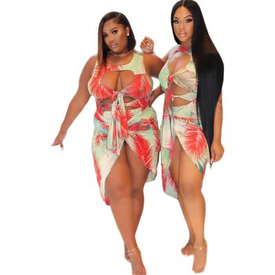 China FJ1278 S-3XL 2021 Women's Summer QUICK DRY Clothing Women's Two-Piece Set Sexy Bodysuit Beach Cavity Print Sleeveless Two Piece Set for sale