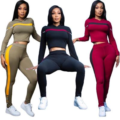 China Spring 2021 Women Clothing Set Two Piece Outfits Solid Color Long Sleeve Stripe Breathable Casual Crop Top Hoodies for sale