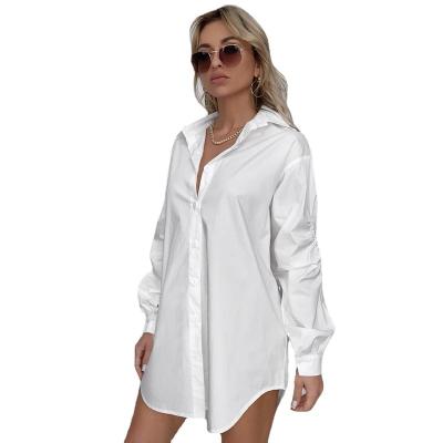 China FJ1318 breathable 2021 fall clothes for women fashion casual trend solid color long sleeve stand collar button shirt dress for sale