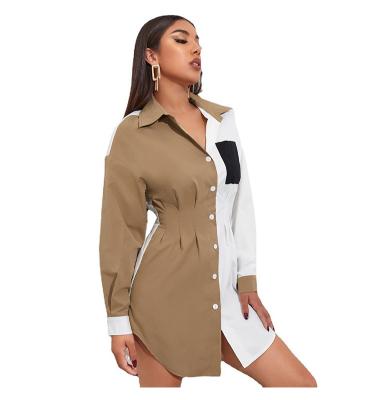 China FJ1316 breathable 2021 women's fall clothes fashion casual trend contrast stitching long sleeve stand collar button shirt dress for sale