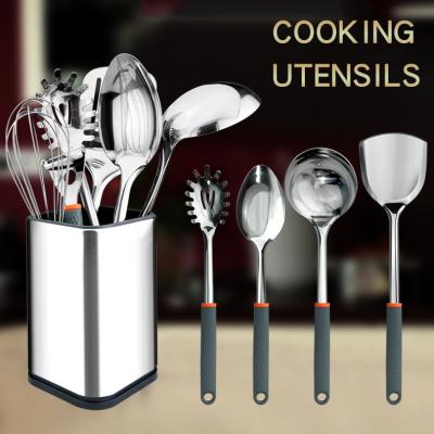 China Viable Amazon Hot Sale 6pcs Stainless Steel Kitchen Tools With Holder 1pc Canister 7pcs Kitchen Utensil Set With Soft Silicone Handle for sale