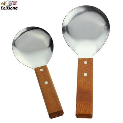 China Sustainable Kitchen Seasoning Cooking Spoon Handle Oil Spoon Stainless Steel Wooden Rice Spoon for sale