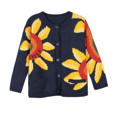 China Women's winter anti-shrink knitted wool cashmere loose fit sunflower jacquard neck cardigan sweater for sale