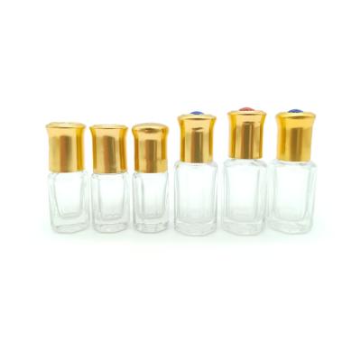 China Fancy 3ml Roll Glass Perfume Bottles Recyclable Octagon Essence Bottles Perfume Tester Bottles With Gold Aluminum Cap for sale