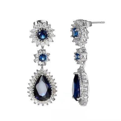 China New style METAL earrings with long platinum-plated Sapphire Blue Zircon Jewelry Sapphire ear studs earrings woman for sale