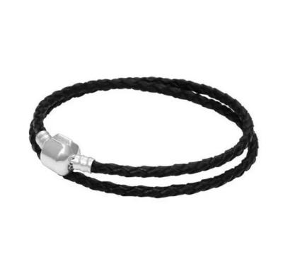 China Factory wholesale women's jewelry silver, suitable Panduolapige classic black leather cord double circle buttonhead for sale