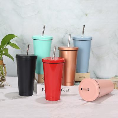 China Sustainable Hot Cold Drinks Double Wall Vacuum Insulated Stainless Steel Mug Colored Tumbler With Lid And Mental Straw for sale