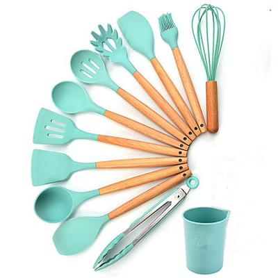 China Popular Viable Hot Selling 12pcs Silicone Kitchen Utensil Set With Wooden Handle Kitchen Accessories Kitchen Utensil Set Light Blue Color for sale