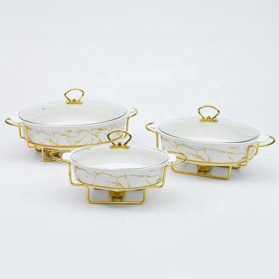 China Factory direct sale gold viable oval marble shape casserole ceramic buffet soup pot with iron rack for sale