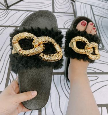 China CUSHIONING 2021 New Arrival Fashion Gold Chain Female Fur Shoes Party Shoes for sale