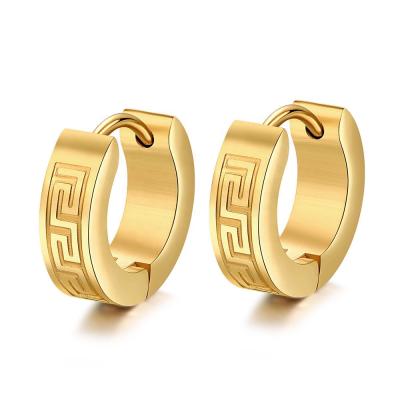 China CLASSIC 14K Gold Male Surgical Style Circle Steel Etching Stud Earrings Fashion Jewelry for sale