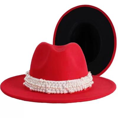 China Autumn Winter Fedora Top Hat Retro Elegant Jazz Hat Women's Double-Sided Felt Hat High Quality Plush Pearl for sale