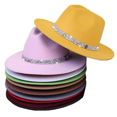 China Double 2023 Solid Color Fashion Autumn Winter Rhinestone Felt Hat Plush Fedora Hat Wholesale for sale