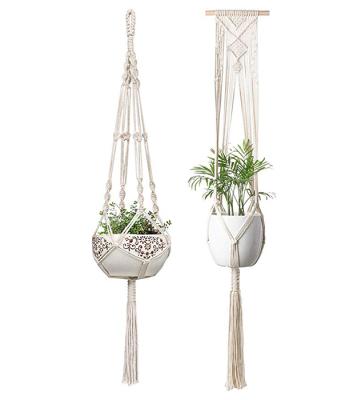 China Macrame Planter Basket Cotton Indoor Outdoor Hanging Foldable/Eco-friendly Plant Hanger Cotton Rope With Beads 4 Legs for sale