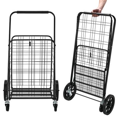 China Eco-Friendly Eco-Friendly Black Collapsible Double Basket Folding Trolley Shopping Carts For Groceries With Metal Wire Locker for sale