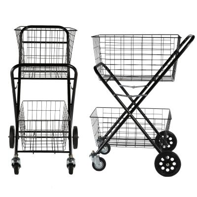 China Guangzhou Yiwu Iron Shopping Cart Double Deck Trolley Double Folding Heavy Shopping Trolley Cart Wholesale for sale