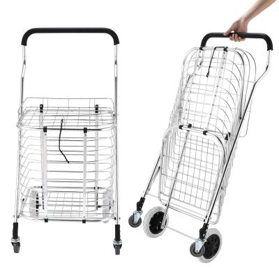 China Customized Large Style Portable Folding Supermarket Shopping Cart Grocery Folding Trolley With Shelves With Metal Wire Locker for sale