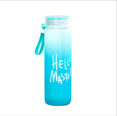 China Viable Custom Logo Gradient Colored Glass Water Bottle Frosted Portable Glass Beverage Bottle for sale