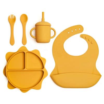 China BPA Free Baby Feeding Items Soft Silicone Baby Bibs and Divider Suction Dish Bowl Cup Spoon Set for sale