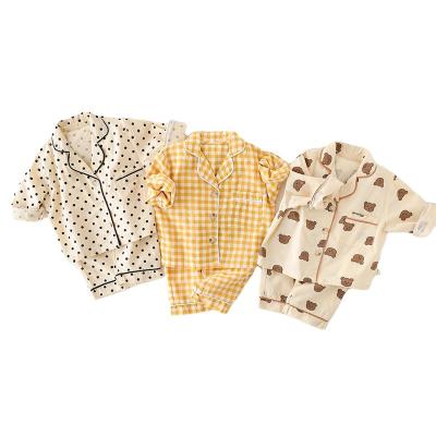 China 2021 Autumn Children Sleepwear Long Sleeve Cotton Sleepwear Thermal 100% Pure Korean Cartoon Pajamas Dot Plaid 2 Pcs Set Baby Clothing for sale