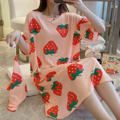 China New Breathable Korean Cartoon Loose Short Version Female Long Sleeves Skirt Sleep Summer Dress Home Clothes Thin Pajamas To Send Bags for sale