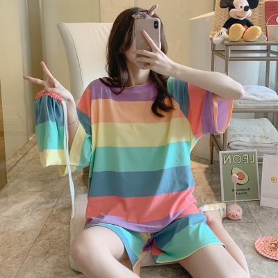 China New Breathable Pajamas Female Short Sleeve Cartoon Cute Summer Home Wear Set Striped Printed Pajamas for sale