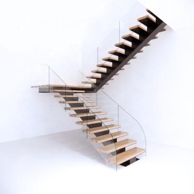 China Modern straight mono stringer steel staircase with hardwood steps and tempered glass balustrade for sale