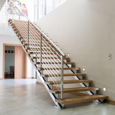 China Villa beech wood staircase with double stringers and stainless steel balustrade for sale