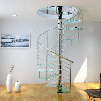 China Modern Indoor Stainless Steel Spiral Staircase With Glass Steps And Wire Railing for sale