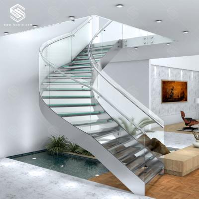 China Modern modern steel curved staircase with glass steps and installed with LED light for sale