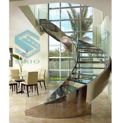 China Home House Tempered Glass Spiral Staircase With Stainless Steel Stringer And Handrail for sale