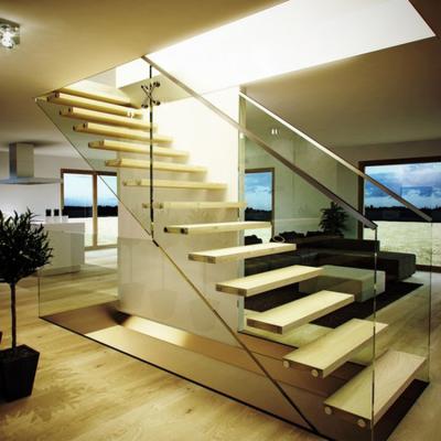 China New Design Wooden Commercial Building Floating Stairs With Glass Railing for sale