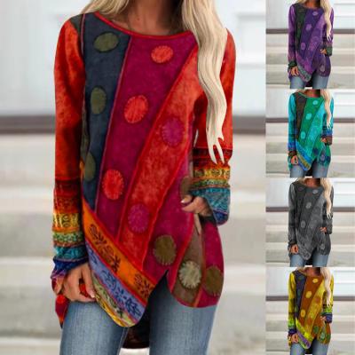 China Newest Fashion Spring Style Print O-Neck Contrast Color Cotton Ethnic QUICK DRY Custom Cotton Long Sleeve T-Shirt for sale