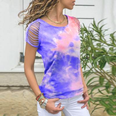 China Summer New Style Comfortable QUICK DRY Women's Tie Dye Ripped Floral Strapless Short Sleeve T-shirt for sale