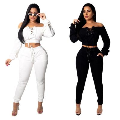 China Hot Sale Spring Single Sleeve Breathable Long Off The Shoulder Tops Bandage Sexy Jogging Crop Top Sets For Women for sale