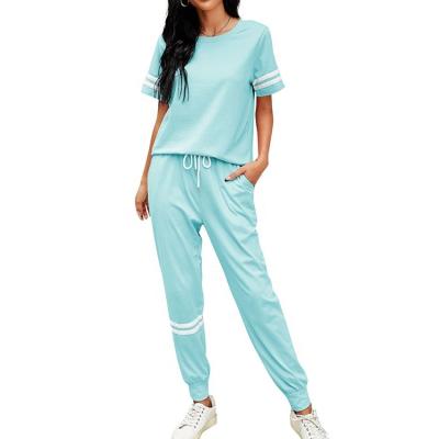 China Wholesale Fashion Custom Sports Breathable Contrast Color Pants Short Sleeve Ladies Two Piece Suit for sale