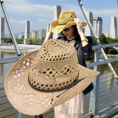 China New High Quality Paper Flower Hat Rope Woven Bohemian Hollow Western Cowboy Hat for sale