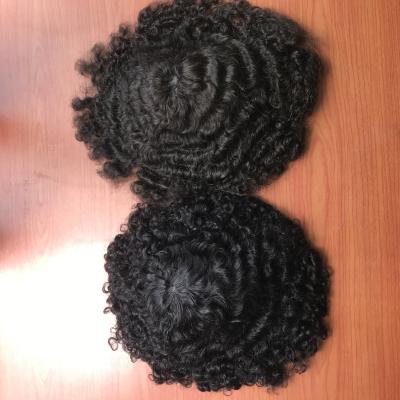 China Curly On Roots Afro Hairpiece African Curly Hair Unit 8x10 Afro Men's Man Weave #1 Jet Black Invisible for sale