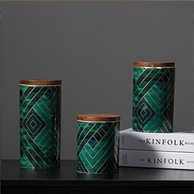 China Nordic minimalist light luxury style high emerald sealed tea flower pot storage jar creative decoration ceramic storage jar for sale