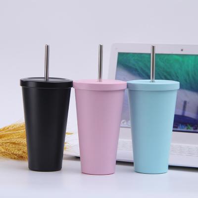 China Stocked Custom Gradient 450ml Double Wall Insulated Vacuum Steel Coffee Mug With Straw for sale