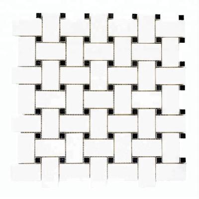 China Decorstone24 Hot Sale Parquet Decorstone24 White Marble Thassos Basketweave Mosaic Tile White Blackheads for sale